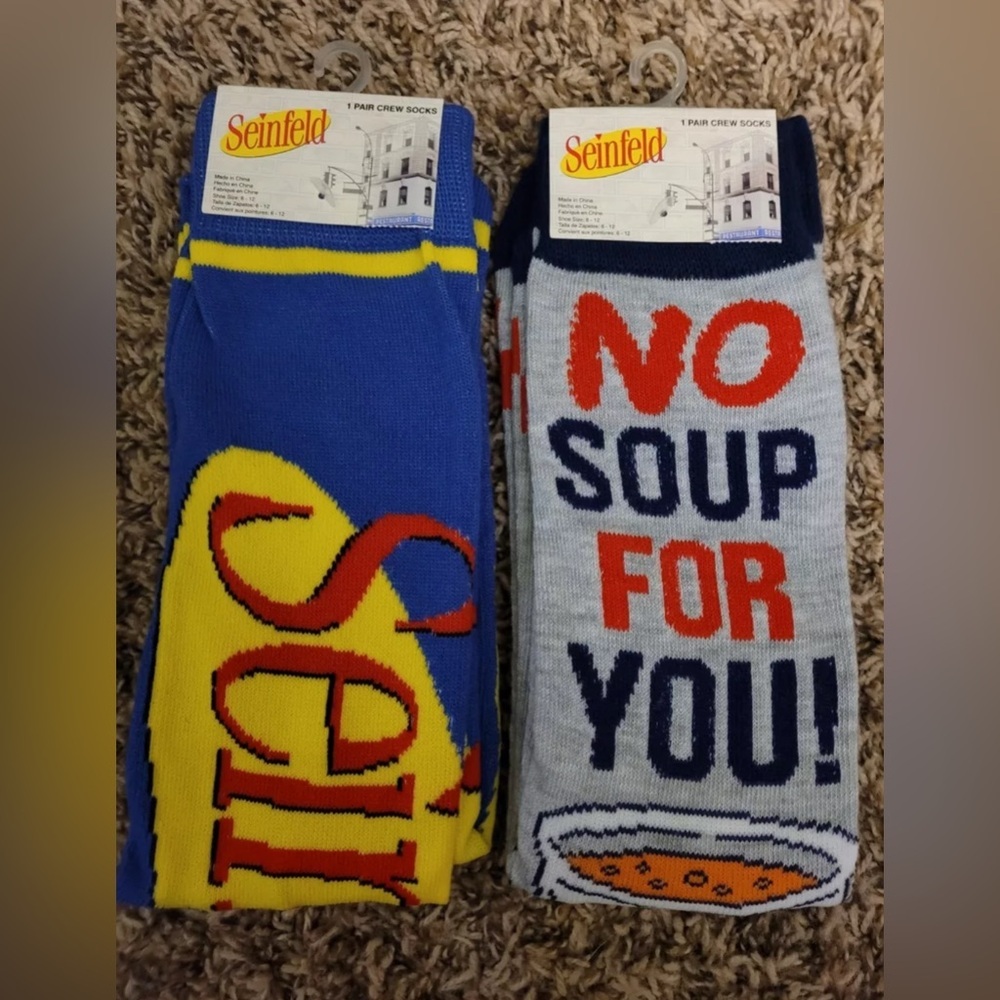 NEW Pair Seinfeld Socks Mens 6-12 Crew Socks "No Soup For You"